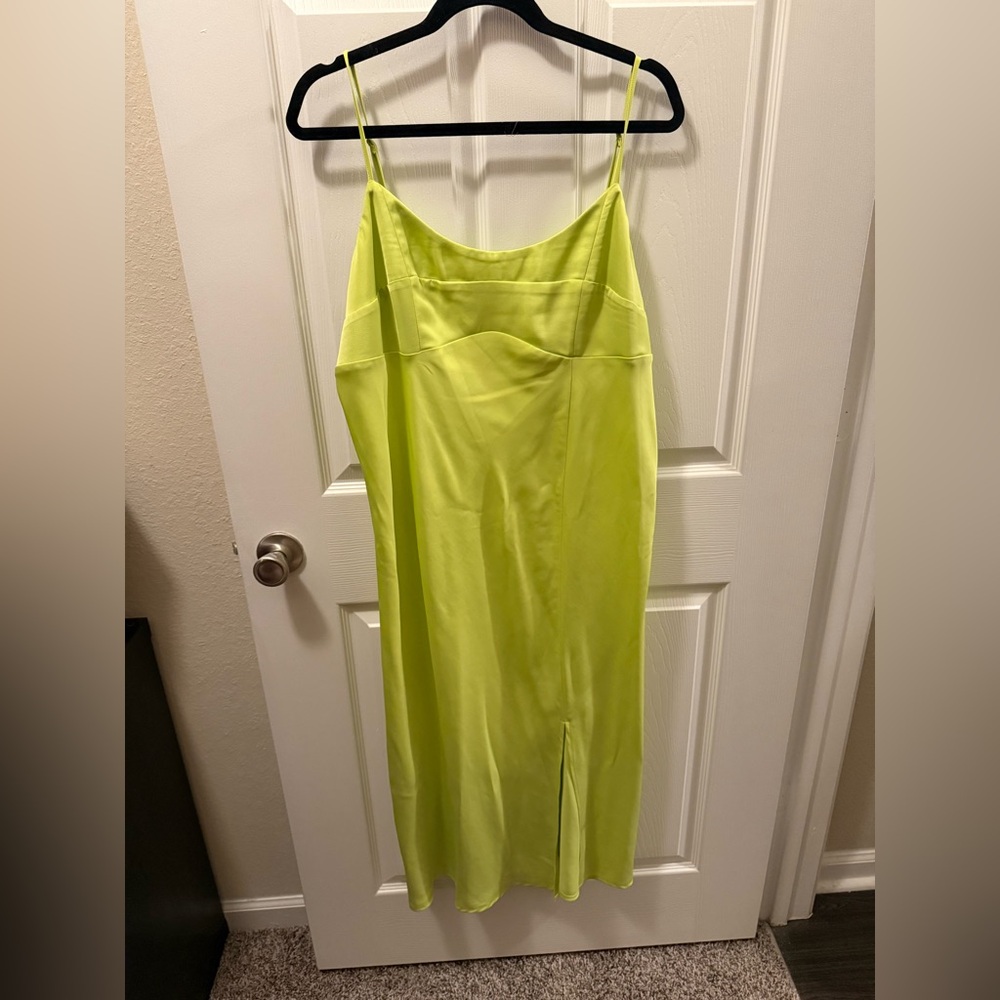 A New Day Neon Green Yellow Midi Slip Dress Slit Adjustable Strap